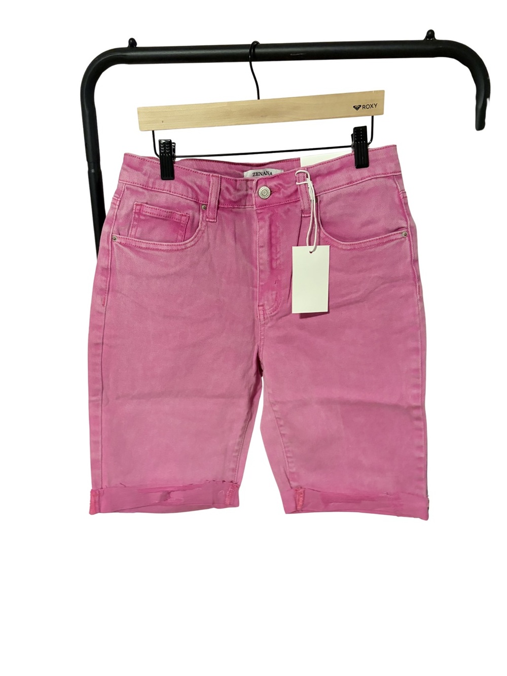 NWT Zenana Acid Wash Distressed Pink Mid-Rise Bermuda Shorts